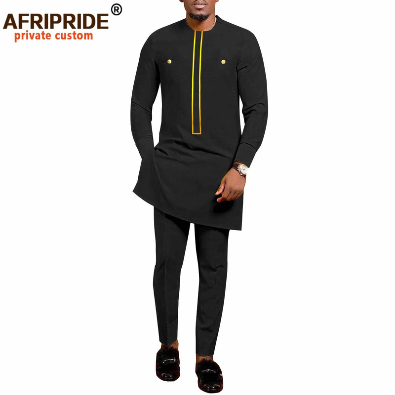 Männer Kleeder afrikanesch ethnesch zolidd Faarf Kotteng Männer Casual Jacket + Hosen_voghion.com