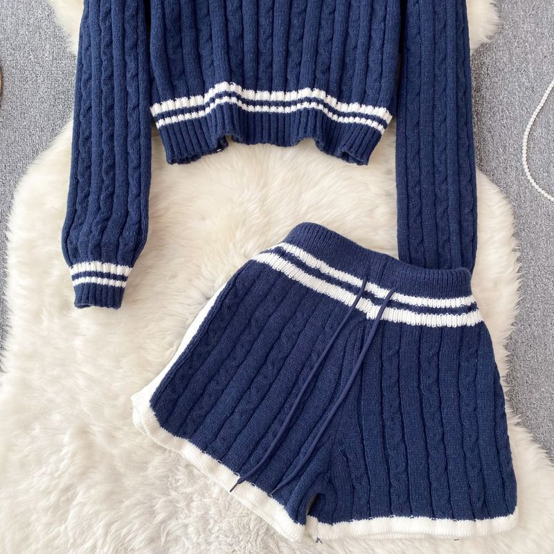 Women's Clothing Autumn and winter lazy style loose lapel striped sweater + high waist slim wide leg shorts knitted suit_voghion.com