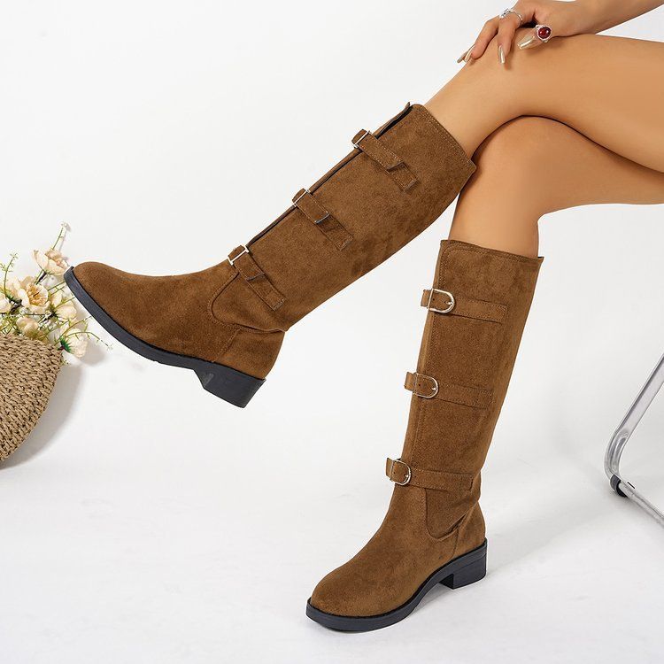 Bottes hautes à talon épais pour femme, mollet large, avec boucle et effet froissé - Daim souple et cuir véritable - Bottes à bout rond et talon mi-haut_voghion.com