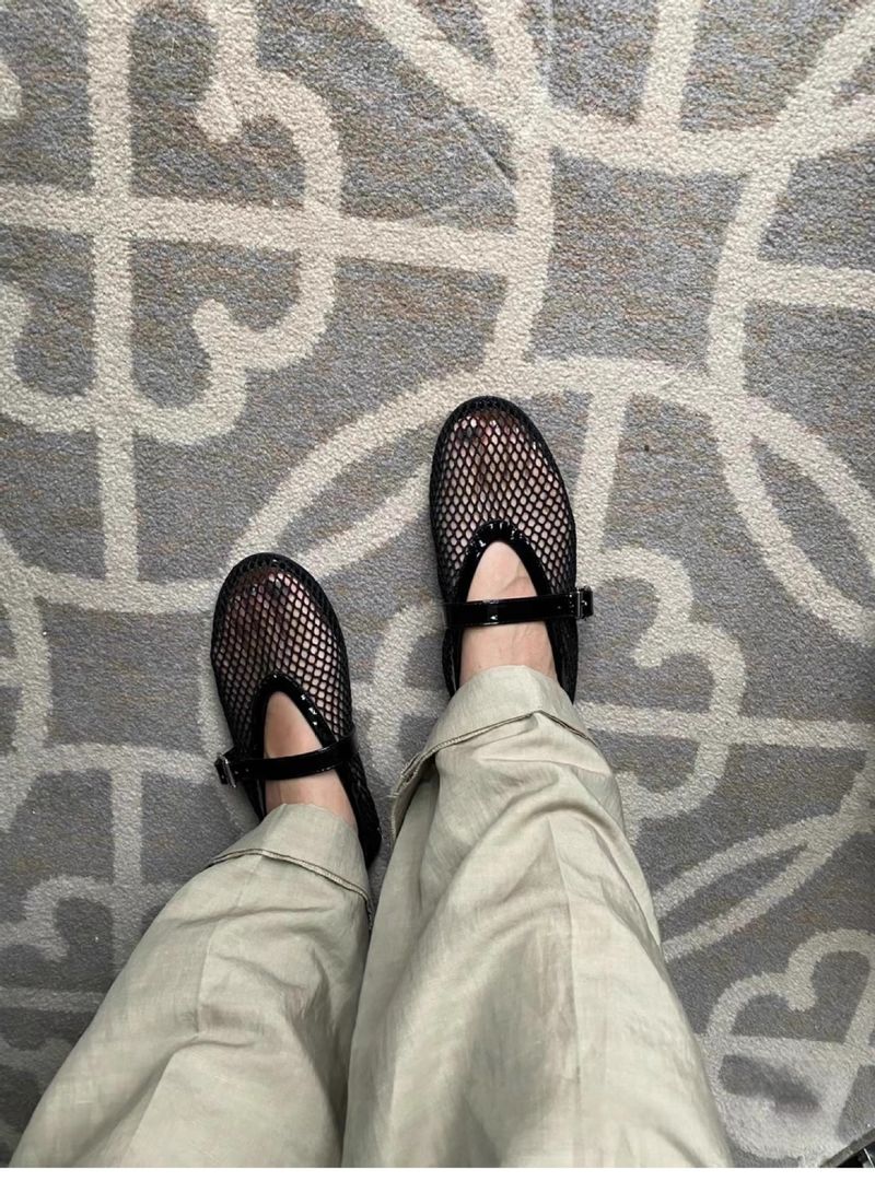 Fishnet Shoes Hollow Ballet Shoes Women's Buckle Outer Wear Flat Bottom Mesh Retro Mary Jane Single Shoes_voghion.com