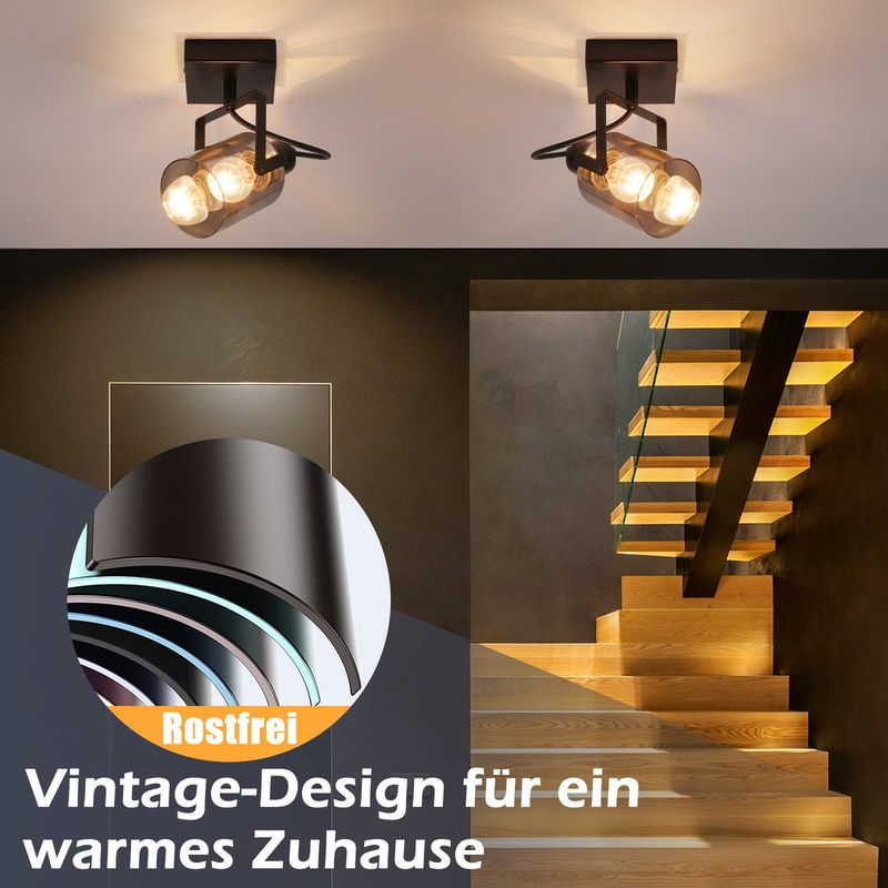 Glitzerlife Deckenstrahler Vintage Deckenlampe 1flammig - Retro Rauchgrau Glas Deckenleuchte E14 Fassung Industrial Schwarz Deckenspot Max. 40W Für Küche Wohnz_voghion.com