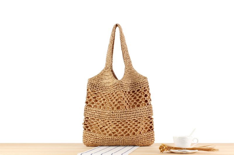 Semplice borsa di paglia in corda di carta cava, borsa a tracolla moda casual all-in-one, borsa per pendolari di grande capacità_voghion.com