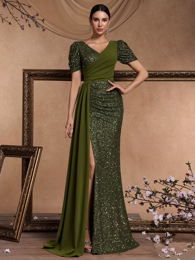 Damenbekleidung Neues elegantes, perlenbesetztes Patchwork-Kleid mit V-Ausschnitt und kurzen Ärmeln, Temperament, wunderschön, edel, für Cocktailpartys und formelle Abendessen_voghion.com
