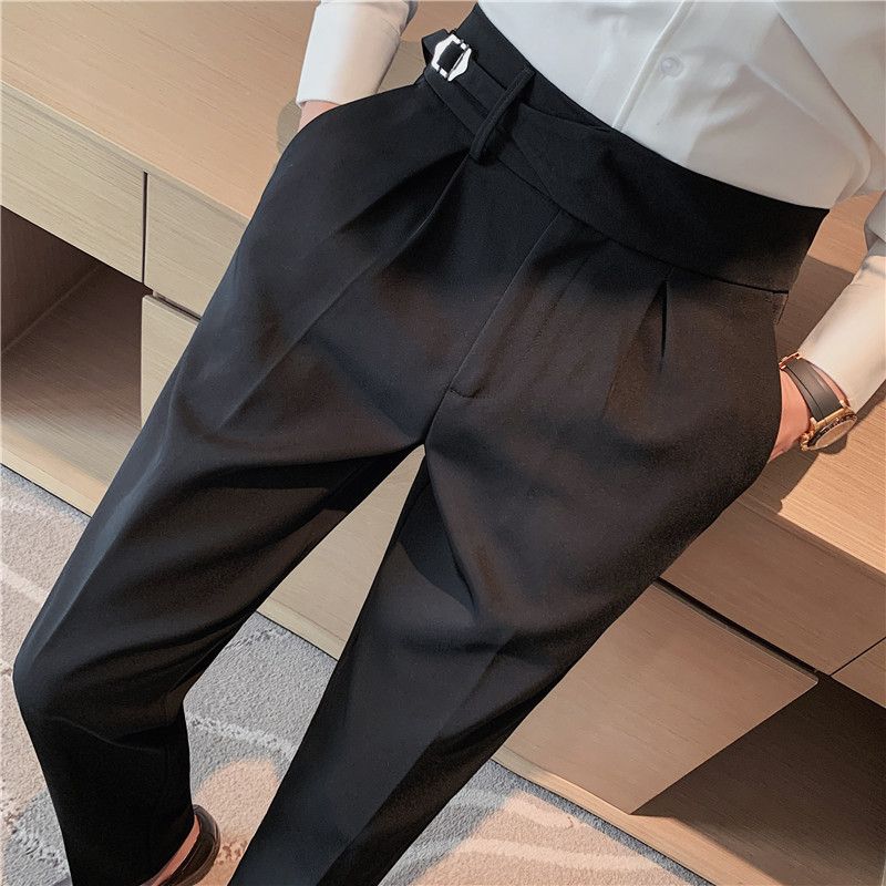 Autumn new men's casual trousers Internet celebrity Neapolitan trousers personalized belt decoration thin trousers men_voghion.com