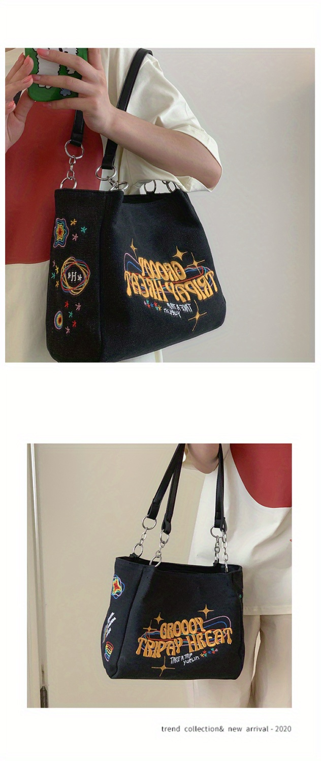 Borsa tote con grafica semplice ricamata, borsa a tracolla in tela con decorazioni in metallo di grande capacità, borsa per pendolari per tutti gli abbinamenti_voghion.com