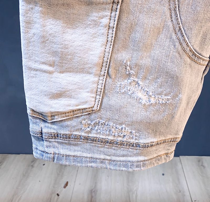 Herren-Jeansshorts im Used-Look, Patchwork-Optik, helle Waschung, 12,7 cm Innennaht, lässige Cargo-Shorts für Herren, Streetwear-Mode, Stretch, bequeme Passform_voghion.com