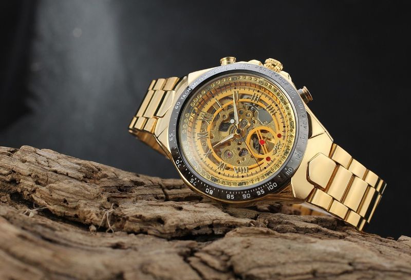 Men's Premium Gold-Toned Skeleton Automatic Mechanical Watch With Stainless Steel Band - 44mm Round Dial, Mineral Glass, Fold-Over Clasp Mechanical_voghion.com
