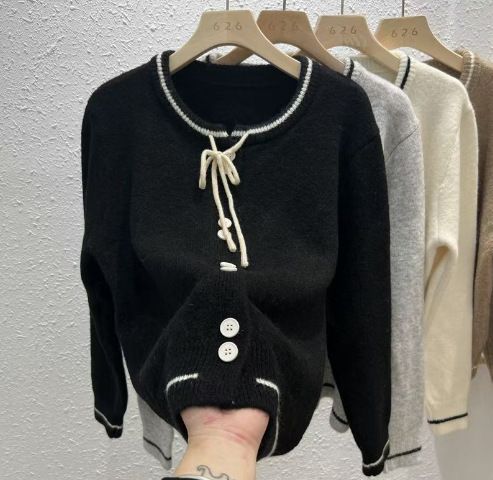 K Fashionable Korean Style Women's Knit Cardigan With Tie; New Style, Collarless, Long Sleeve Top With A Schoolgirl_voghion.com
