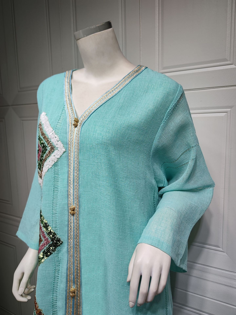 Gonna ricamata con paillettes quadrate, gonna ricamata in cotone e lino da donna musulmana, versione allentata della veste alla moda_voghion.com