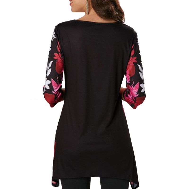 Plus Size Womens Asymmetric Floral Printed Short Sleeve Tunic Blouse Summer For Comfort_voghion.com