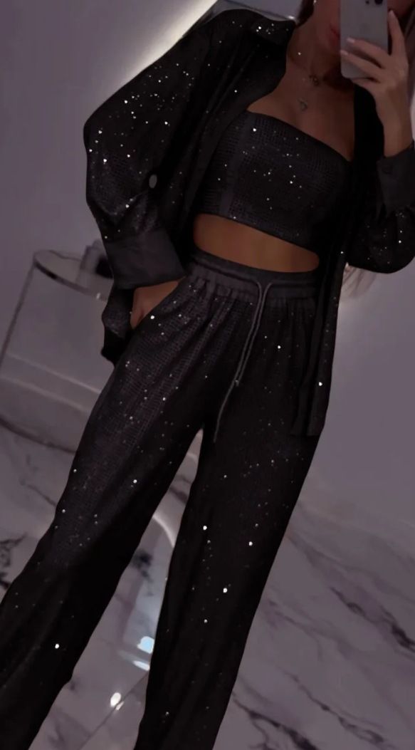 Luxury Trendy Sexy Sequin Long Sleeve Shirt Women 3 Pieces Set Shiny Wide Leg Pants Outfits Party Lady Gown Vacation Pant Suit_voghion.com
