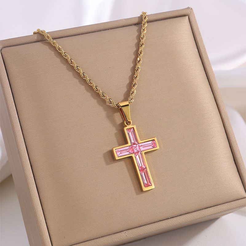 Collana da donna con ciondolo dorato, in acciaio al titanio, con croce di diamanti intarsiata, stile coppia, resistente allo sbiadimento, leggera, di lusso, alta gioielleria_voghion.com