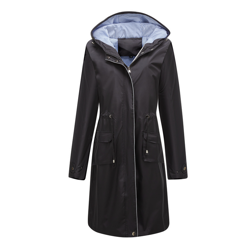 Trench casual da donna K Long con cappuccio, impermeabile, tinta unita con fodera a righe, cappotto dritto._voghion.com