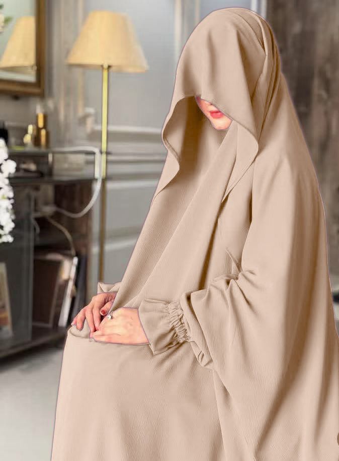 Muslimisches einfarbiges Gewand mit Glockenärmeln, zweiteiliges Set für Frauen mit großem Hijab und Rock P402_voghion.com