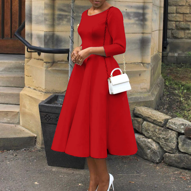 Women's solid color large swing skirt temperament evening dress skirt_voghion.com