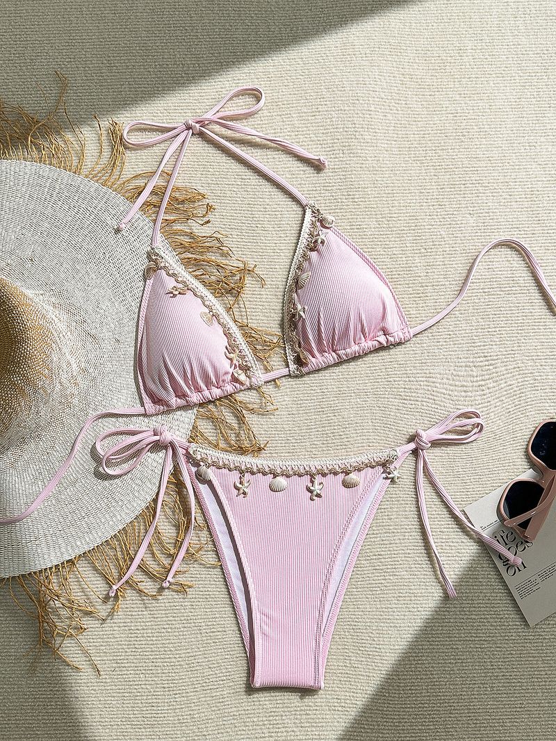 Women's Clothing Swimsuit Women New Shell Bikini Triangle Cup Sexy Halter Neck Strap Lace Up Swimsuit_voghion.com