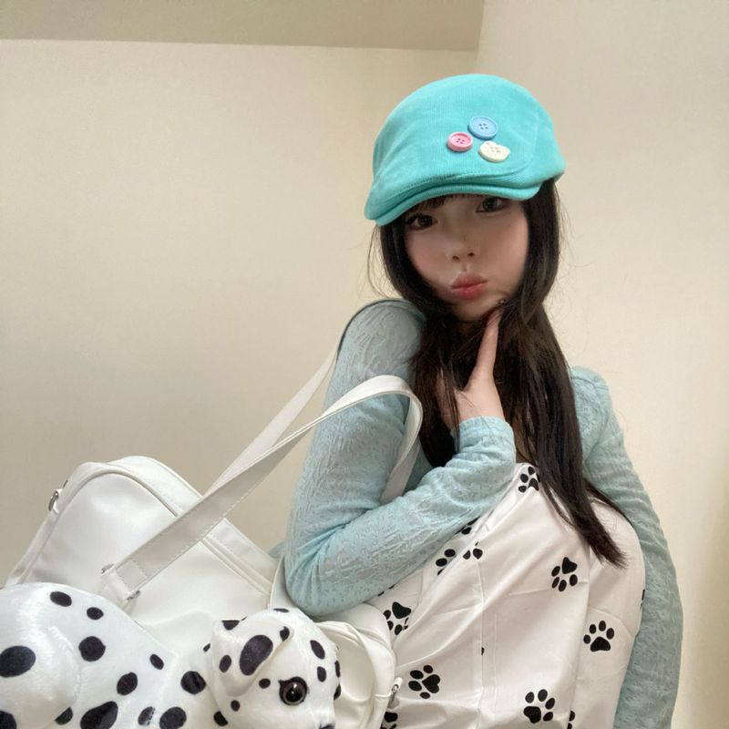 Spring And Autumn New Artist Button Beret Personalized Street Versatile Dopamine Color Matching Forward Hat_voghion.com