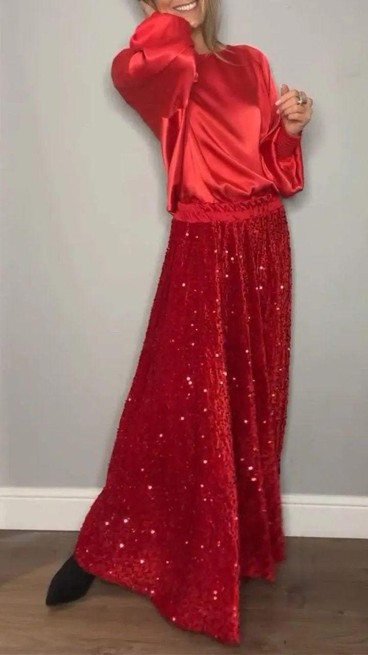Dammekleeder Ronnhals Satin Top Paillettenrock Kostüm Zwee-Stéck Set_voghion.com