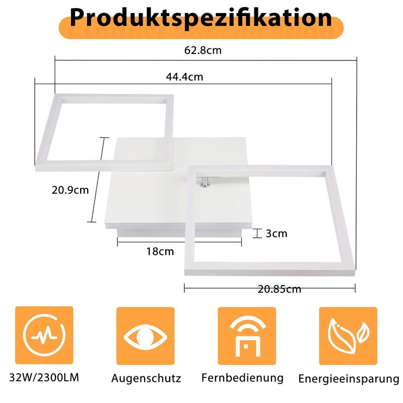 Glitzerlife Deckenleuchte LED Deckenlampe Weiß - 32W Dimmbar Wohnzimmerlampe Mit Fernbedienung Moderne Quadratische Deckenlampen Für Büro Kinderzimmer Küche Flur_voghion.com