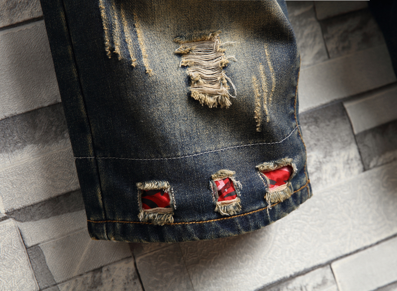 Herren-Jeans-Shorts, Retro-zerrissene, schmale, verkürzte Herren-Patch-Hose_voghion.com