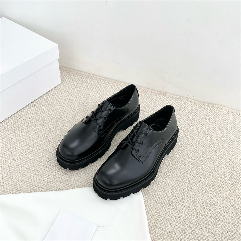 Dingban The*R Derby Genuine Lace-Up Loafers Women British Style Open Edge Beaded Cowhide Thick Sole Chunky Heel Leather_voghion.com