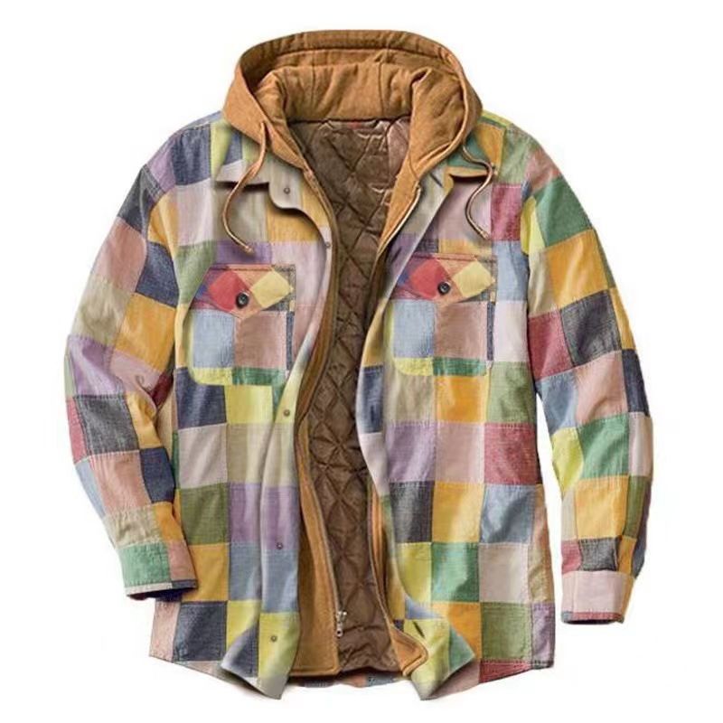 Men's Clothing popular men's clothing autumn and winter thickened cotton coat plaid long sleeved loose hooded jacket_voghion.com