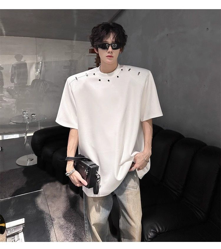 American High Street Short T-Shirt For Men Summer Trendy Loose Fit High-End Feel Padded Shoulder Versatile Five-Quarter_voghion.com