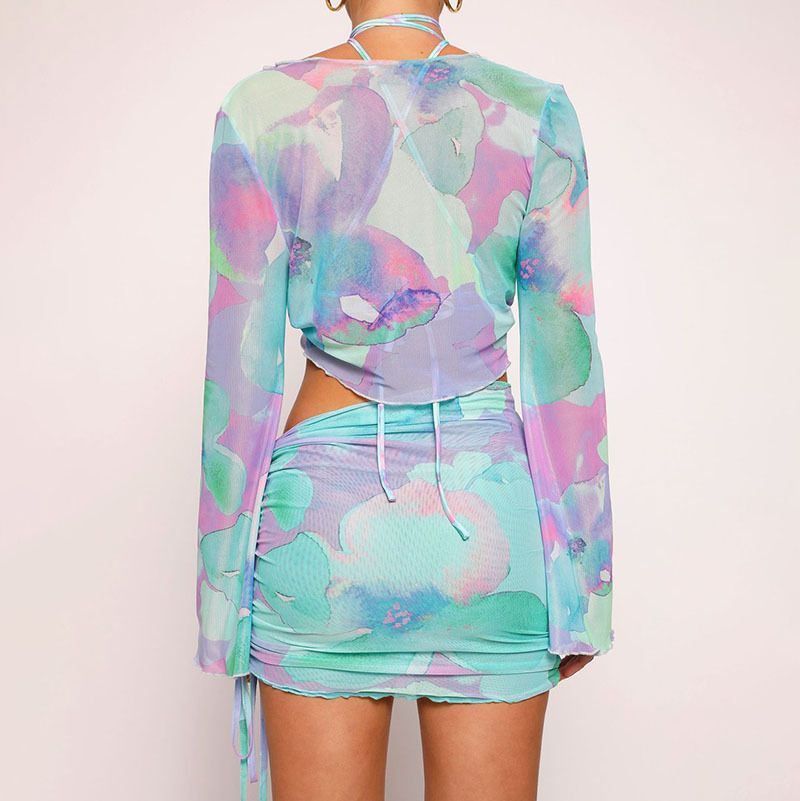 Women's tie dye printed V-neck strap with gradient color horn mesh long sleeve skirt set_voghion.com