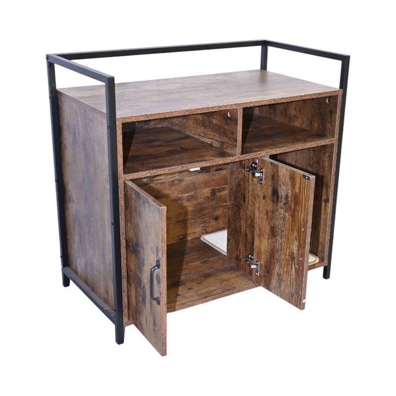 Rustic Brown Wooden Cat Litter Box Enclosure, Spacious Hidden Cat Litter Box With Scratching Mat Furniture For Bedroom, Bathroom, Living Room-31.9"x17.7"x31.4", 61 Lbs_voghion.com