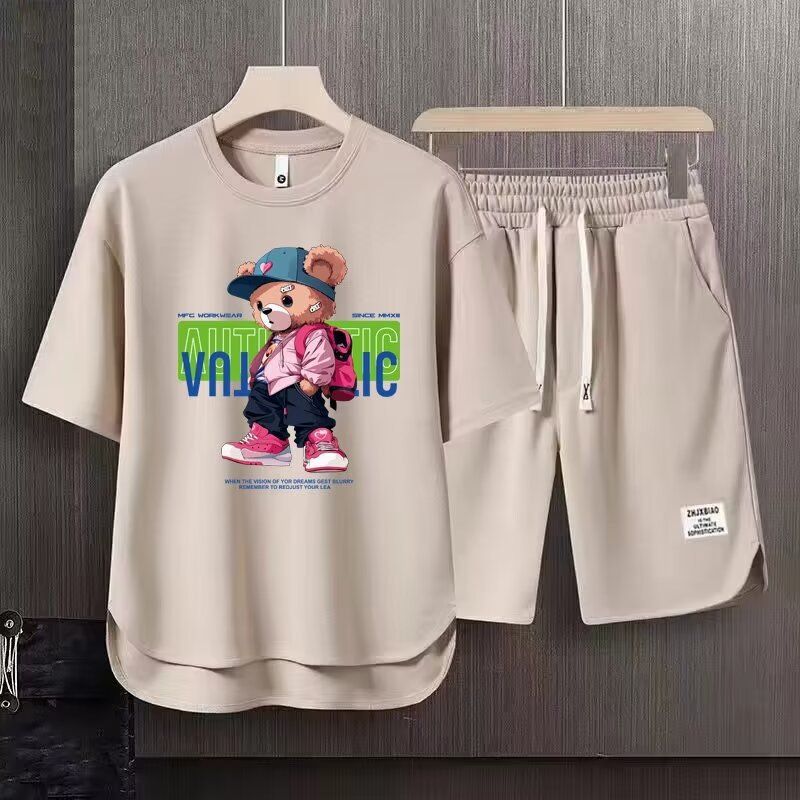 Roupas masculinas de verão meninos camiseta de manga curta solta em torno do pescoço nova marca na moda impressão adolescentes bonito combinando um conjunto completo_voghion.com