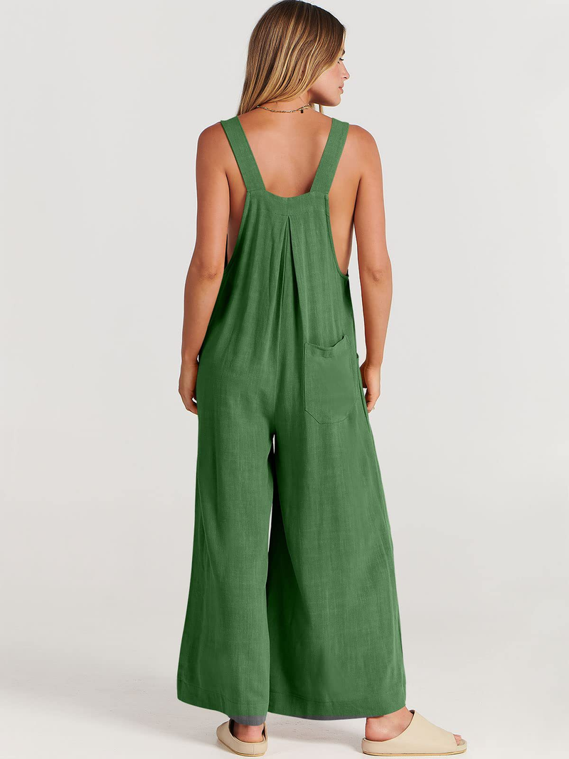 Women's clothing solid color loose casual cotton and linen overalls jumpsuit_voghion.com