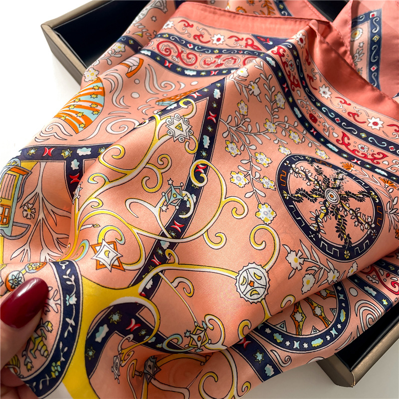 Sciarpa con geometria della ruota Sciarpa di seta con fiori colorati Sciarpa quadrata da donna in seta imitazione Sciarpa da viaggio con scialle a fascia 70x70 cm_voghion.com