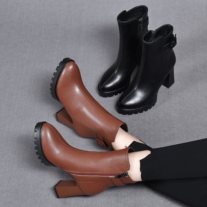 Stivali in pelle con fibbia e tacco alto impermeabili con plateau per donna Stivali termici in pelle_voghion.com