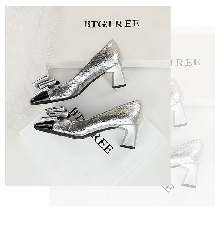 5299-H58 Koreanische mode frauen schuhe, dicken mittleren ferse, flach mund spleißen, platz farbe blockiert kappe, bogen,_voghion.com