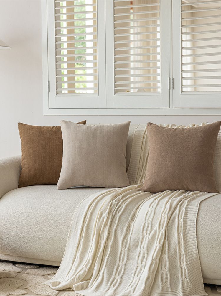 Federa in ciniglia tinta unita, stile nordico semplice, crema, marrone caffè, grande cuscino, supporto lombare, schienale per divano_voghion.com