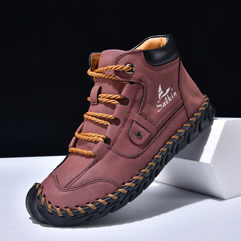 Plus Size Color Block Leather Men's Fashion Hand-Stitched Ankle Boots Flat Lace-Up Casual_voghion.com