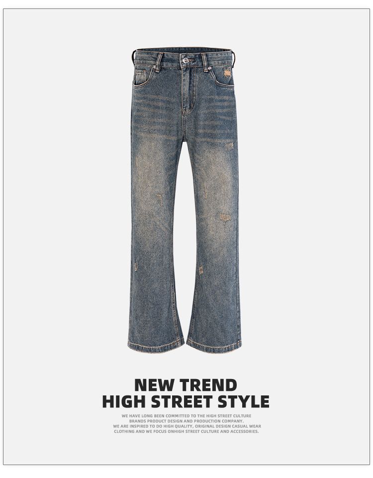 men's women's washed trousers for men and women, same style, worn, ruined, bootcut hems, slim multi-size blue jeans_voghion.com
