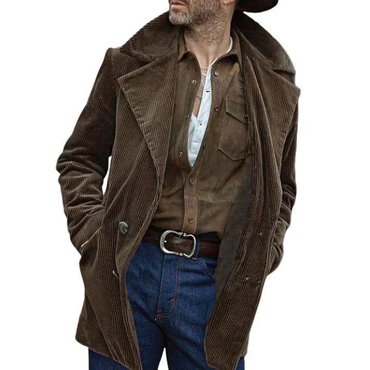 Men's Vintage Corduroy Long Coat - Classic Slim Fit Jacket For Winter, Business Casual Outerwear With Notched Lapel_voghion.com
