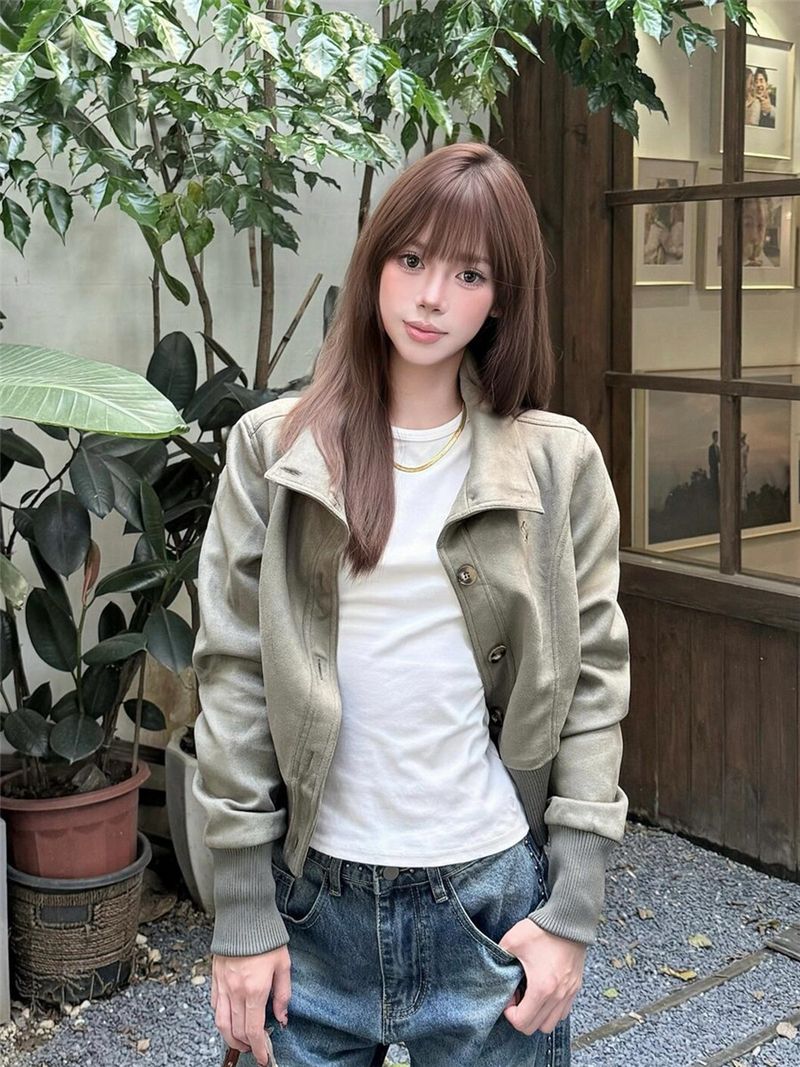 Wildleder im amerikanischen Stil mit Stehkragen für Damen, Herbst 2025, neues lockeres Design, schmale Passform, kurzes Jackenoberteil_voghion.com
