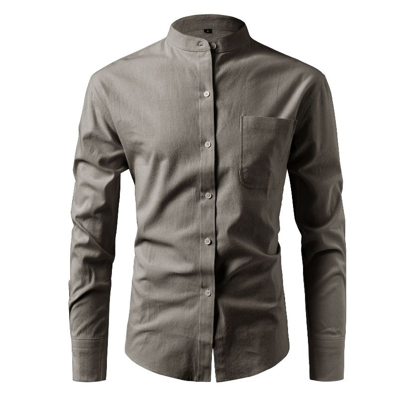 Abbigliamento uomo Nuova camicia con colletto alto a maniche lunghe in puro cotone Camicia casual da uomo in lino Camicia da uomo alla moda_voghion.com