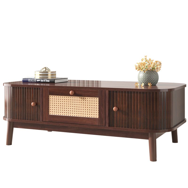 Table basse en rotin avec tiroirs et portes coulissantes, pieds en bois massif, table d'appoint de salon en osier naturel, style rustique_voghion.com
