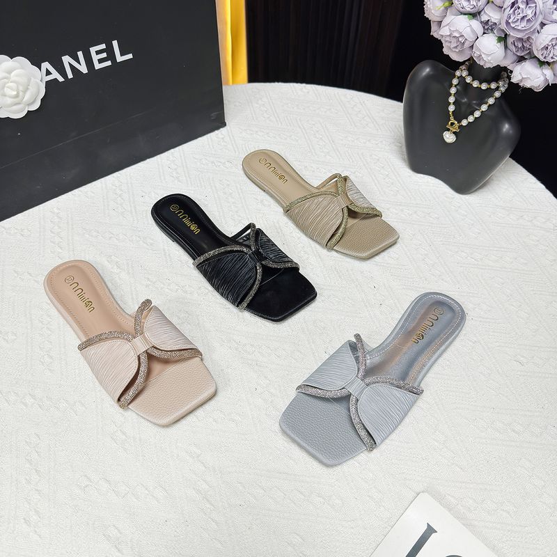 Pantoufles pour femmes, ballerines d'été, nouvelles pantoufles plates ornées de strass, style féerique, sandales pour femmes, semelle souple, bout carré, polyvalentes_voghion.com