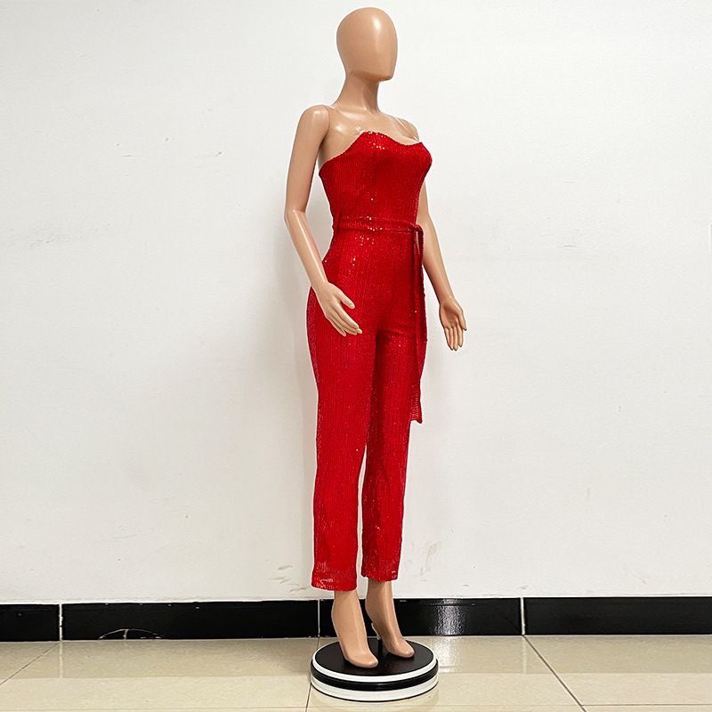 Dametøj Ærmeløs pailletterbæltejumpsuit ensfarvet tubetop rygløs jumpsuit_voghion.com