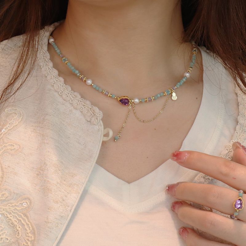 Women's Ins-Style Jewelry Set: Natural Tianhe Stone Beaded Pearl Collarbone Chain + Amethyst Niche Pendant Necklace + Ring Bracelet_voghion.com