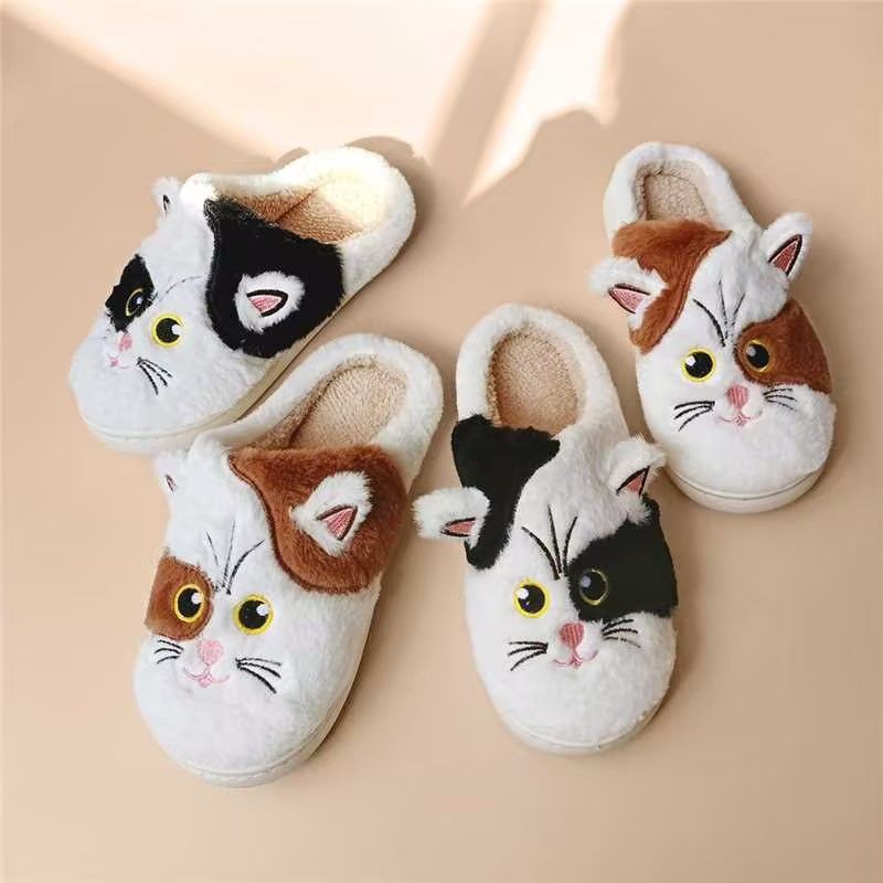 Voyage Voyage New Autumn Winter Three-Dimensional Black And White Towel Embroidered Cotton Shoes Cute Cat Unisex Warm Slippers_voghion.com