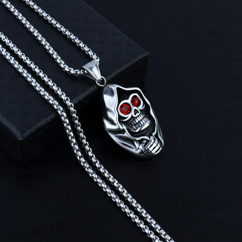 Trendy Halskette mit Anhänger in Totenkopfform, Herrenhalskette, modischer böhmischer Anhänger mit rotem Kristall, eingelegter Anhänger, Zubehör, Partyschmuck_voghion.com