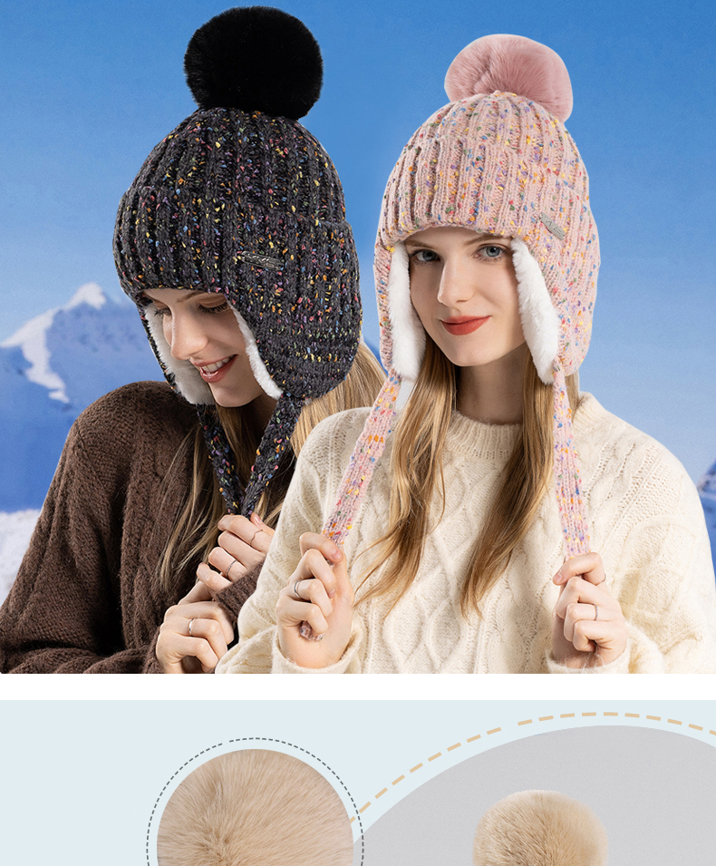 Berretti da donna alla moda con paraorecchie, in pile Sherpa con cappuccio, da sci e da neve, spessi, in maglia, con pompon grande_voghion.com