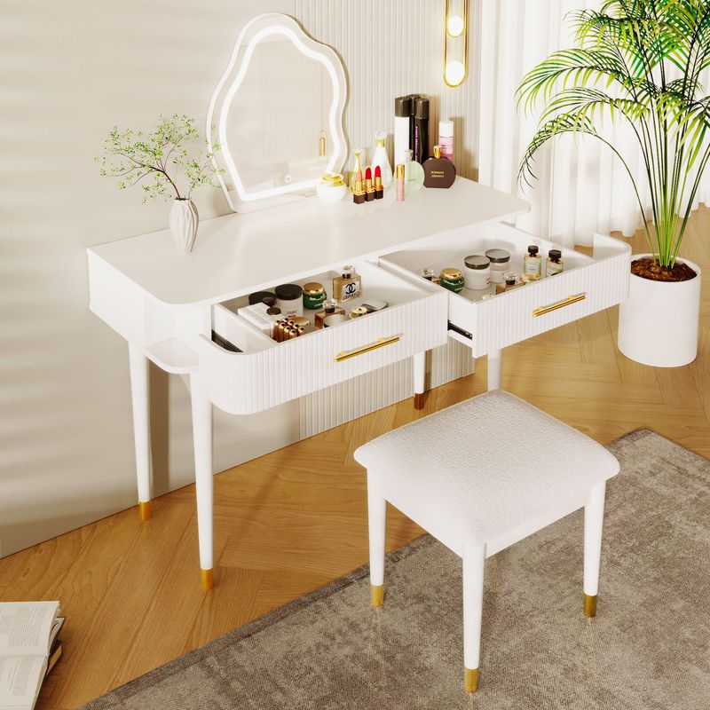 40" Modern Vanity Table Set With Mirror Touch Screen Lighted Mirror, Dressing Table And Cushioned Stool Set With 2 Large Drawers, White_voghion.com