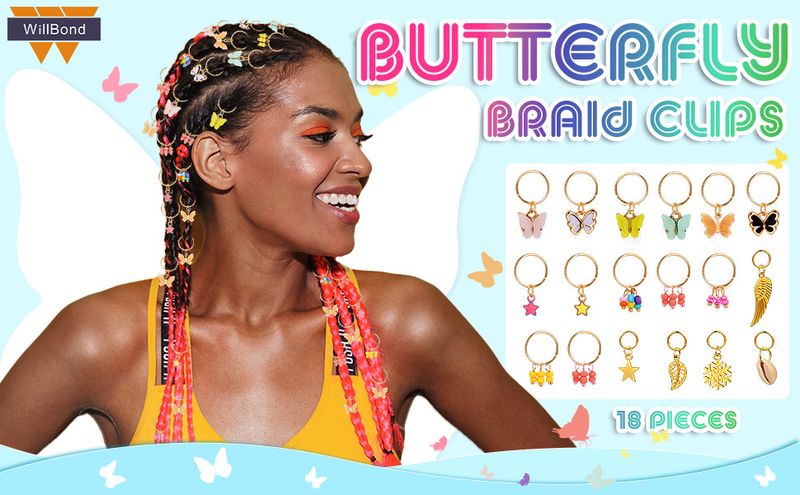 Gioielli per trecce di dreadlock a forma di farfalla in acrilico, europei e americani, ciondolo aperto con perline colorate e gocce d'olio, accessorio per capelli unico._voghion.com