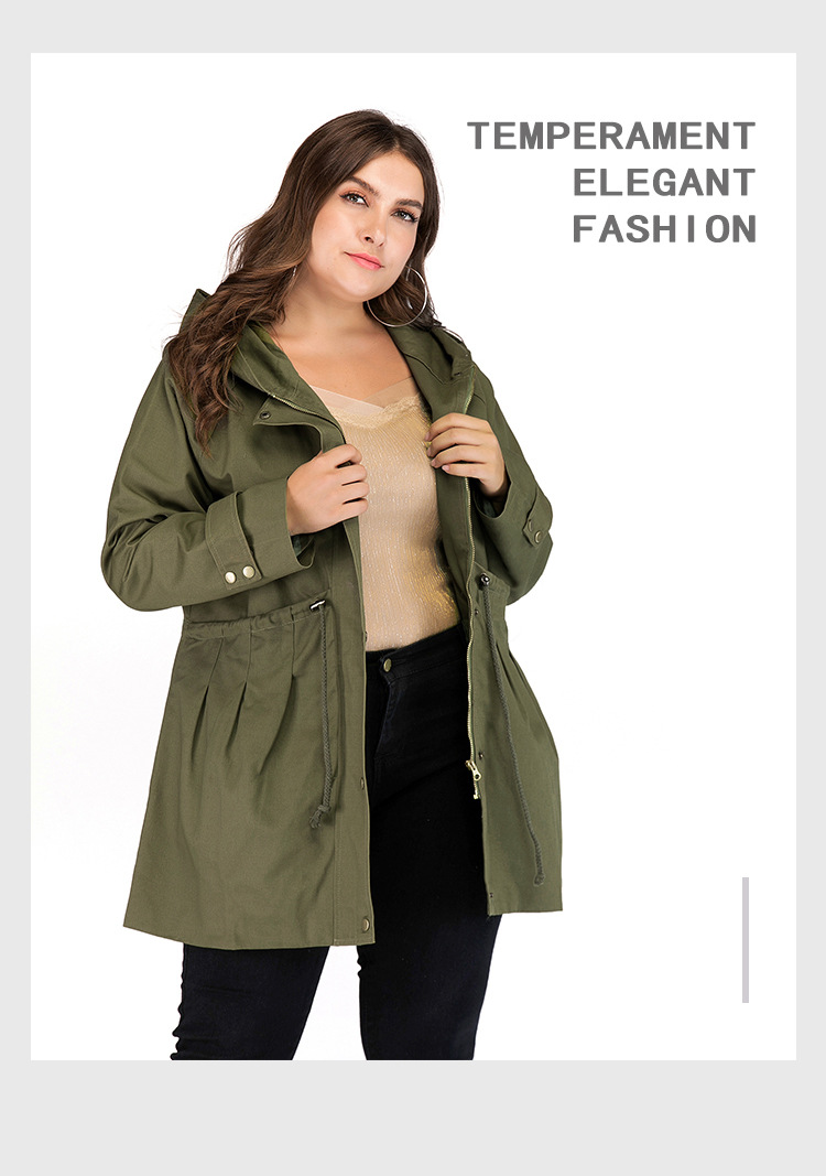 Dames taille taille afslankende legergroene capuchon trenchcoat herfst en winter lange mouwen plus size jas_voghion.com